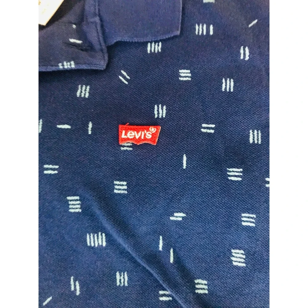 Levi's Polo Shirt Mens Medium Blue Geometric Dash Print Short Sleeve Logo Pique